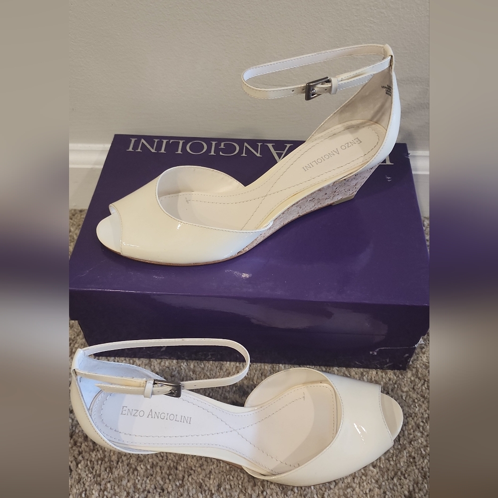 Enzo Angiolini Cream Peep-Toe Wedges